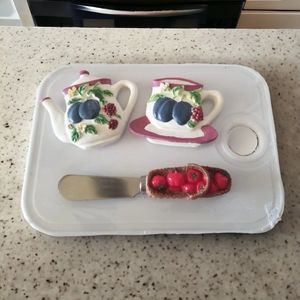 Plum Teapot Teacup Magnets Tomato Spreader White Cutting Board Kitchen Tools
